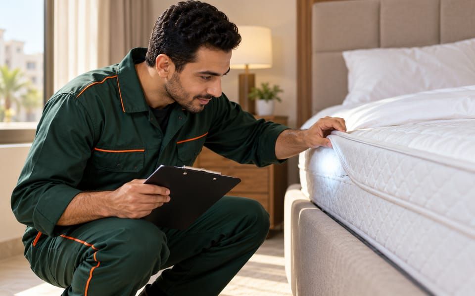 Illustrative photo of a technician, without a face mask, checking the seam of a mattress