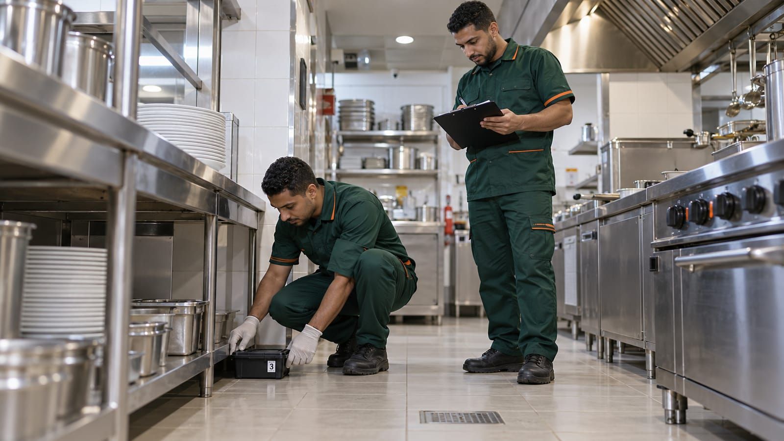Illustration of two technicians checking a bait station in a commercial kitchen