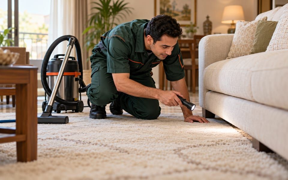 Illustrative photo of a technician without a mask inspecting a rug next to a sofa