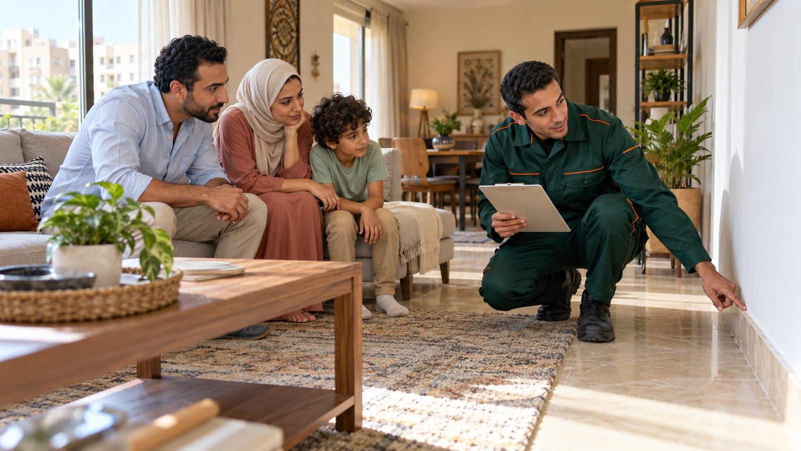 Illustration of a technician inspecting an apartment and explaining the plan to a family