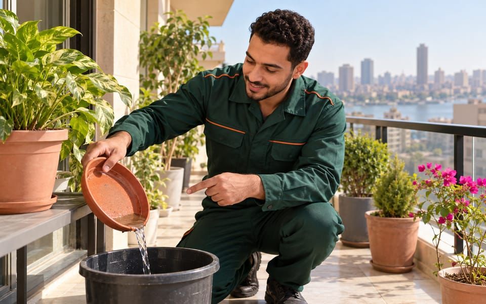 Illustrative photo of a technician, without a face mask, emptying standing water on a balcony