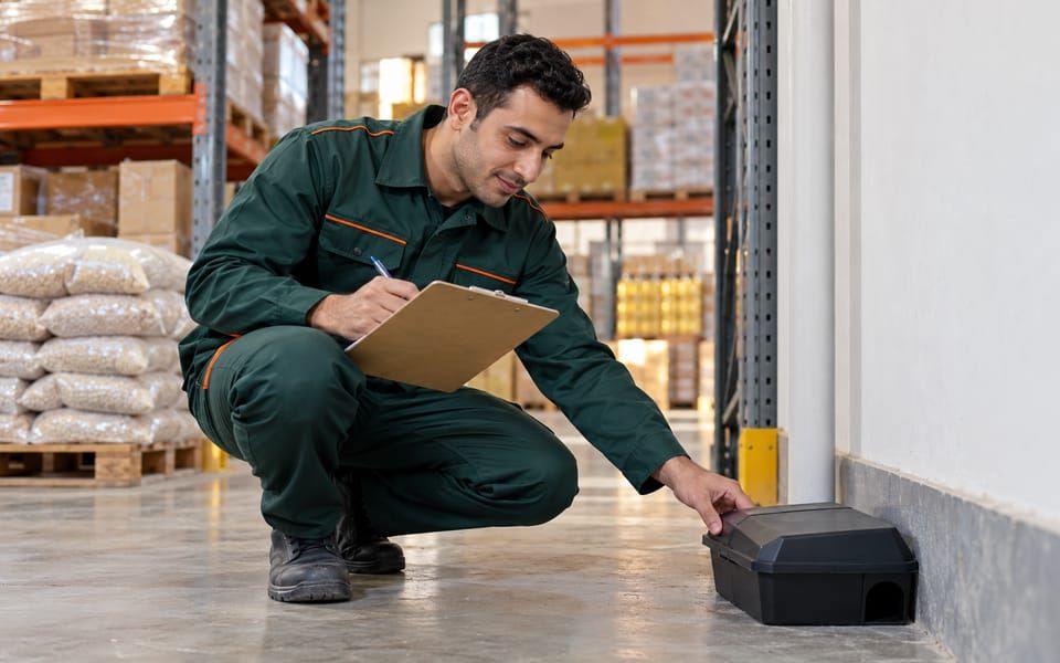 Illustrative photo of a technician without a face mask checking a locked bait station in a warehouse