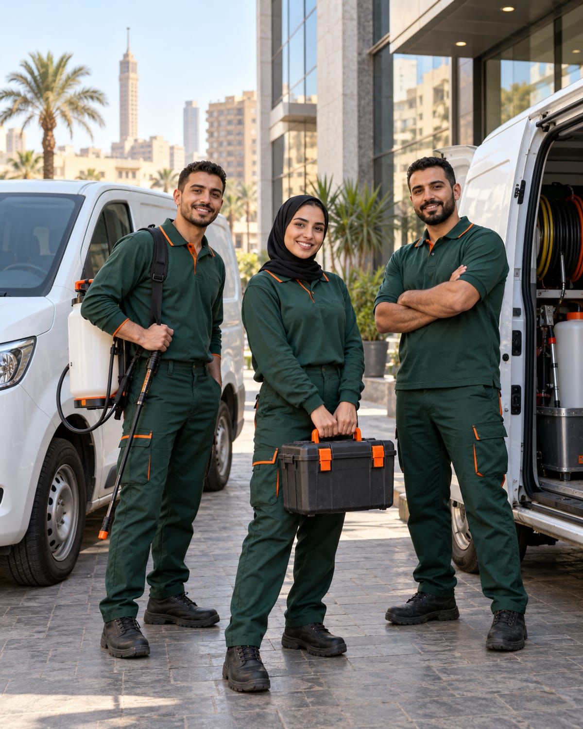 Illustration of a pest control team next to service vans in Cairo